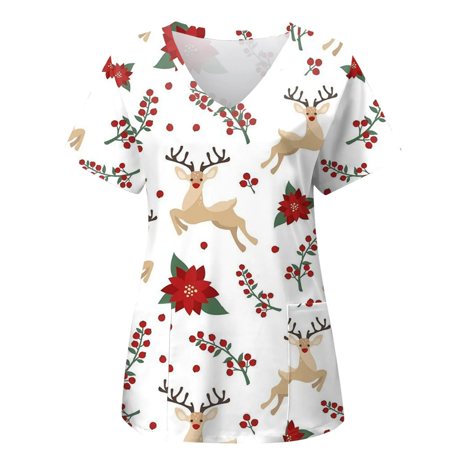 Kerst Verpleegster Uniform Scrubs Tops Womens Xmas Cartoon Elanden Print Korte Mouw Pocket Overalls Uniformen Medische Verpleging Blouse