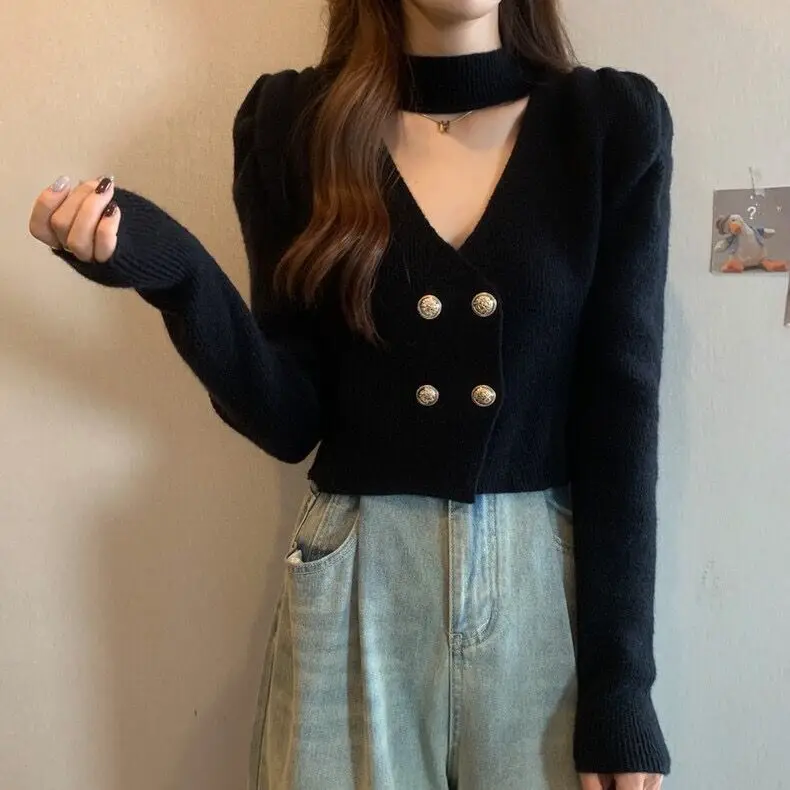 French Halterneck V-neck Knitted Base Shirt Women\'s Autumn Short Sweater Puff Long Sleeves Top