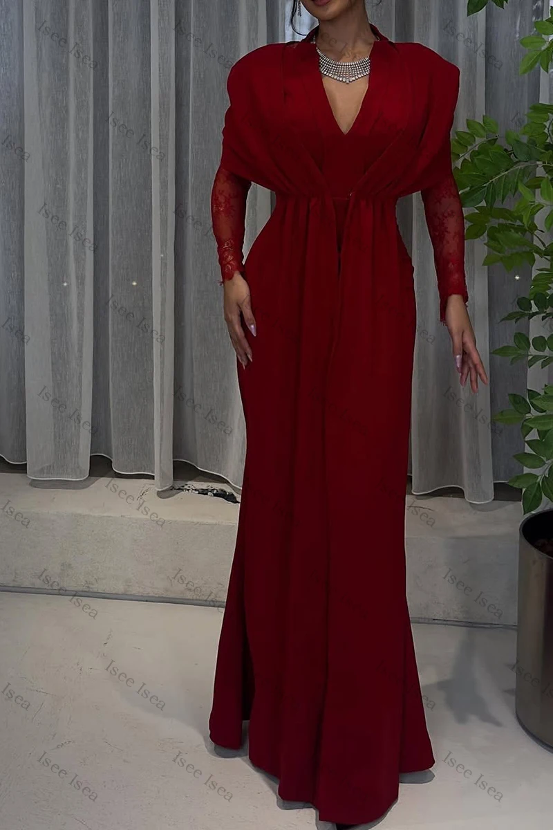 Borgonha renda vestidos de noite manga longa com decote em v vestido de baile até o chão árabe saudita frisado vestido no tapete vermelho 2026 personalizado