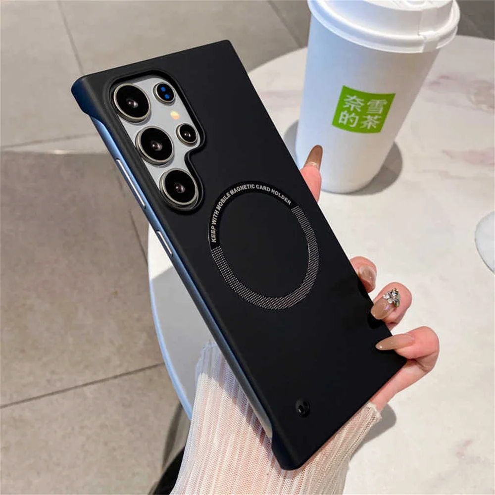 หรูหราสําหรับMagsafeบางPC Matte FramelessสําหรับSamsung S24 S25 Ultra Edge S23 FE S22 S21 S20 S10 S9 Plusปกหลัง