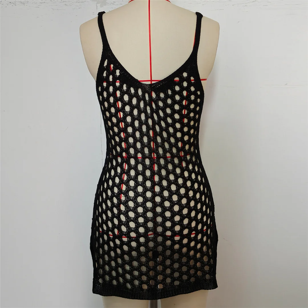 Ausgehöhlte, ärmellose, einfarbige, gehäkelte, gestrickte Tunika, Strand-Überwurf, Strandkleid, Strandmode, Damen V8246 – Detail 15