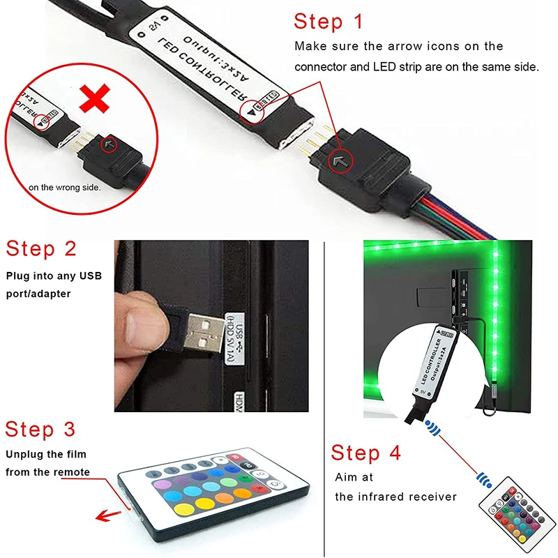 LED strip light 3AA battery with USB socket 5V 5050 SMD flexible color strip lamp, suitable for room vanity, computer