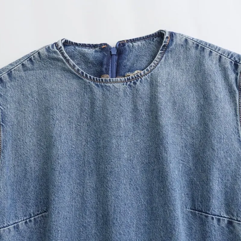 Versatile Midi Length Denim Dr 2024 Summer New Women's Faion Commute Sle Svel round Ne Other Material 00%