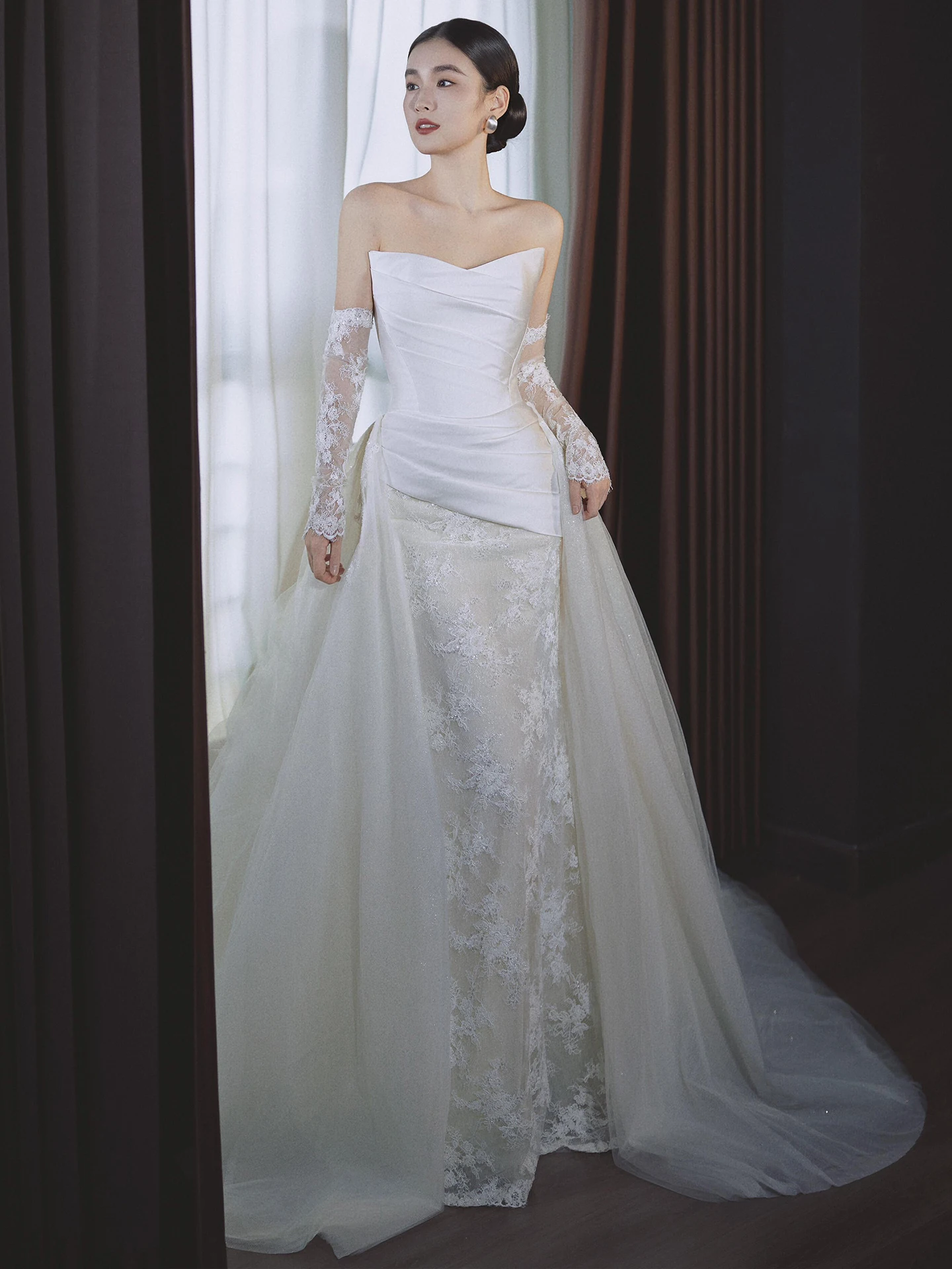 

Шелковое кружевное свадебное платье в винтажном стиле с молнией, средней талией, силуэтом «рыбий хвост», длинной юбкой, белое, для невесты