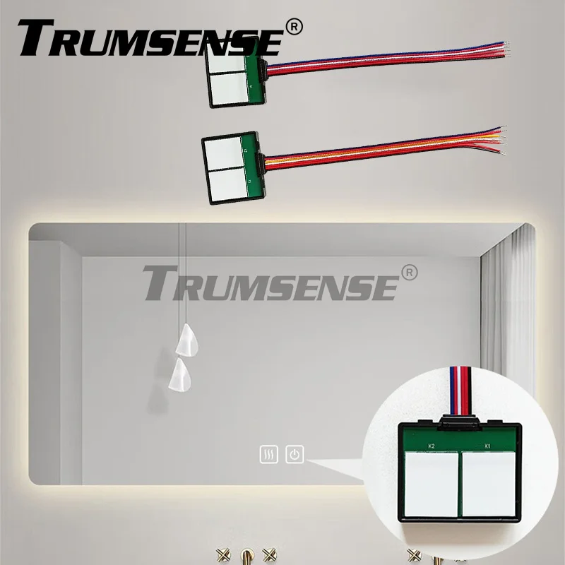 Trumsense DC 12 to 24V Two Key Bathroom LED Mirror Touch Switch WS08E2 with Stepless Brightness or Dimming and Anti-fog Conrol