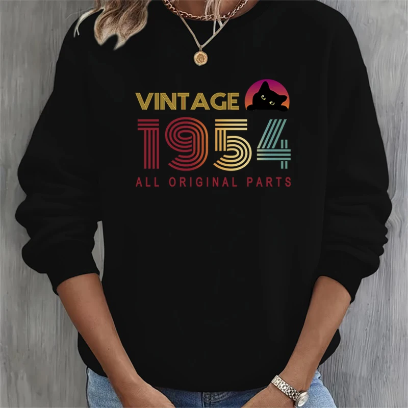 

Women Birthday Anniversary Sweatshirts Vintage 1950-1959 Years Black Cat Print Tracksuit Gift Long Sleeve Ladies Loose Hoodies