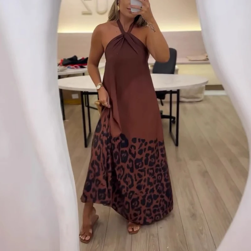 Vintage Leopard Printed Sleeveless Maxi Dress Loose Backless Temperament Robes Summer Sexy Suspender Women's Evening Party Dress