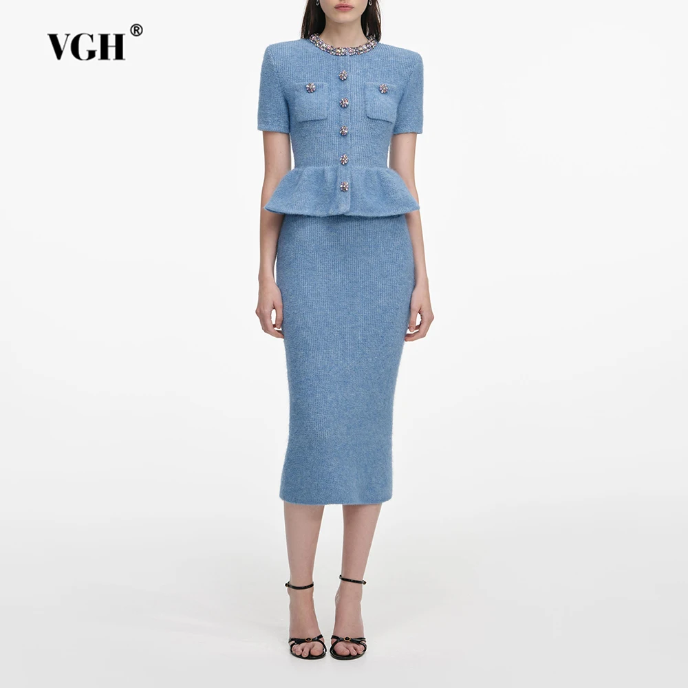 

VGH Temperament Solid Slimming Knitted Dresses For Women Round Neck Short Sleeve High Waist Elegant Fresh Dress Female Fashion
