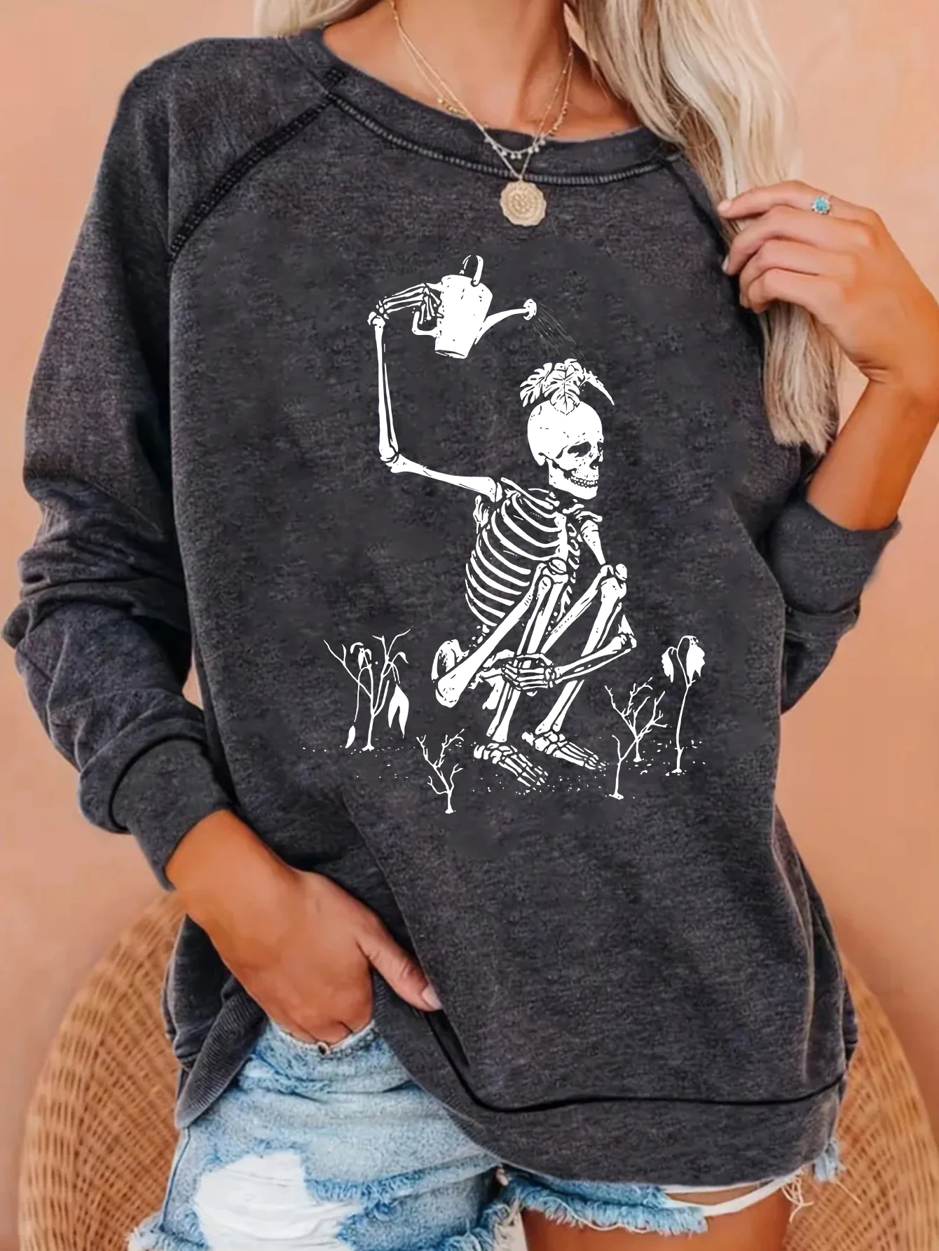 Halloween Skull series new fun Skull travel space printed crew neck long sleeve sweatshirt hoodie fall winter women\'s fashion