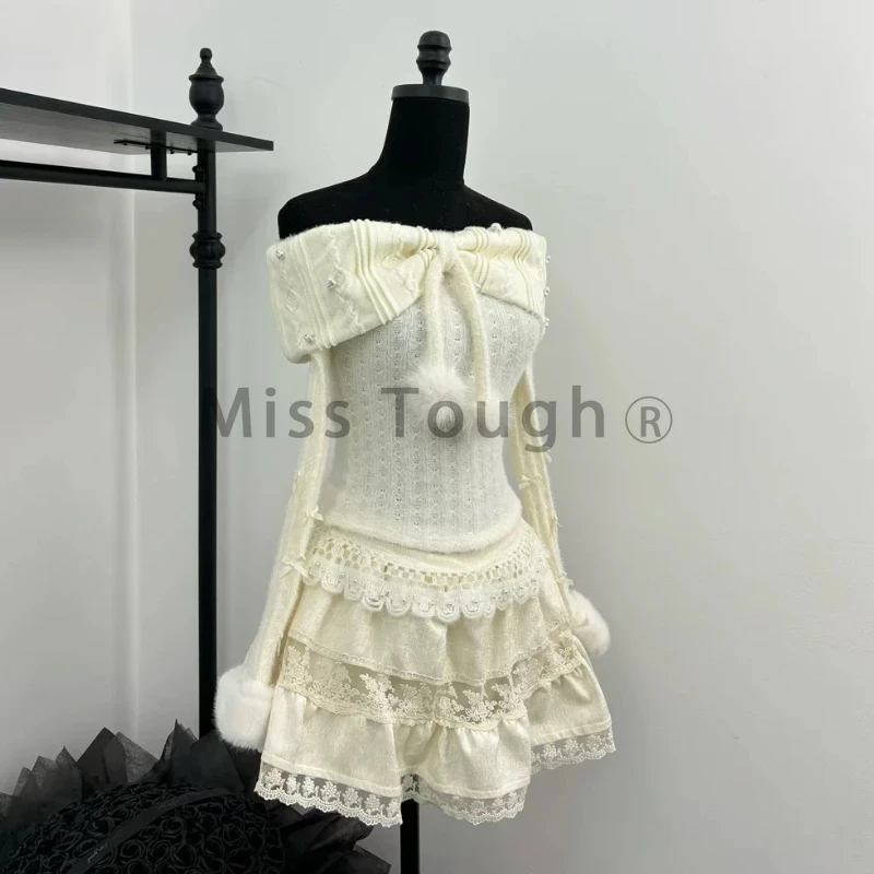 Winter Knit Japanese Kawaii Y2k 2 Piece Set Woman Off Shoulder Elegant Retro Skirt Suit Female Chic Tops + Cake Mini Skirt 2024