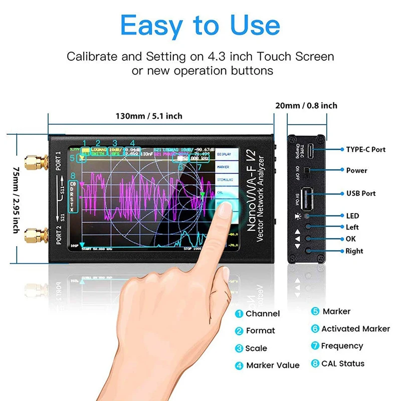 NanoVNA-F_V2 Portable Vector Network Analyzer, 50kHz–3GHz, Touchscreen & Button Control, S11/S21 Measurement, TDR, Smith Chart,