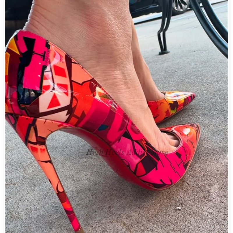Zapatos de tacón sexis de charol con punta puntiaguda y estampado rojo, tacones de aguja poco profundos y elegantes para mujer, zapatos suaves de fiesta de diseñador de lujo