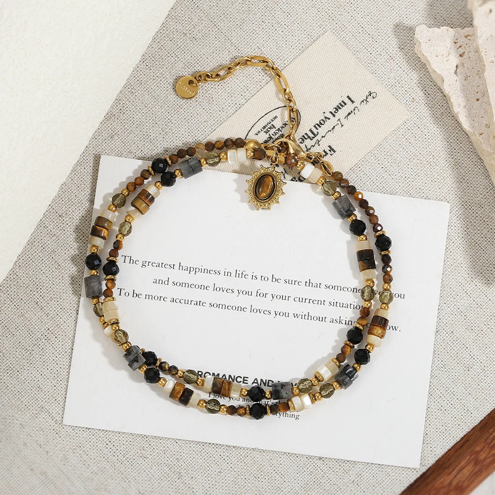 Melard-collar de cadena con cuentas de piedra de ojo de tigre, cadena de clavícula retro marrón de nicho, cadena con capucha de concha