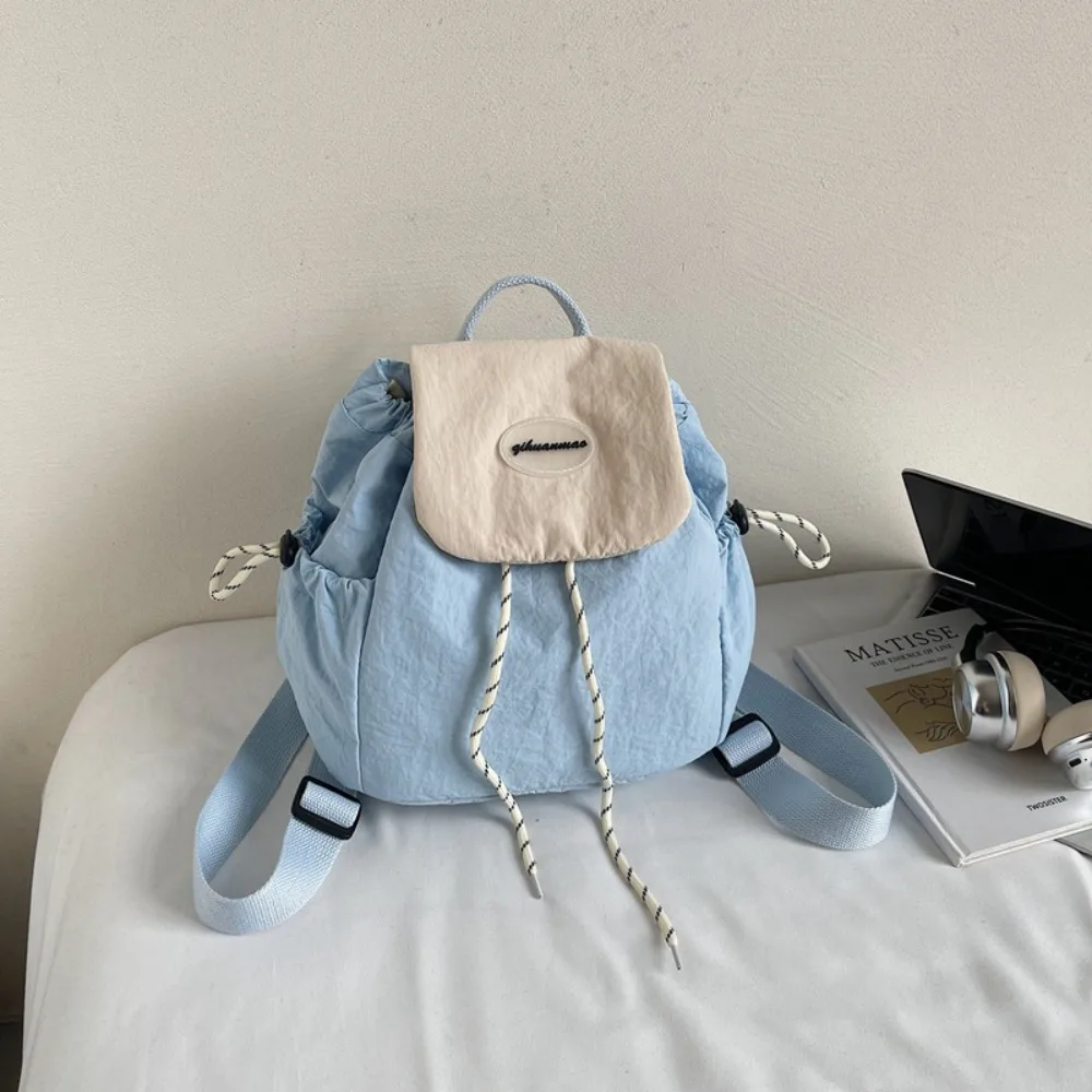 Portable Women Nylon Backpack Lightweight Drawstring Multipockets Casual Backpack Waterproof Solid Color