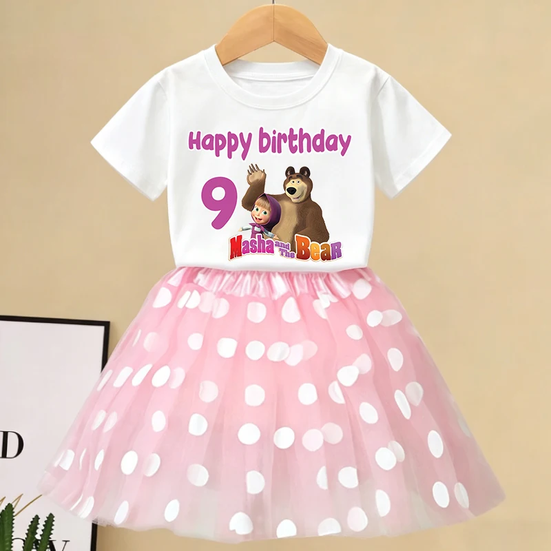 Mascha und die Bären Geburtstags-T-Shirt-Rock-Set für Kinder, Cartoon-T-Shirt, Mädchen-T-Shirt-Rock-Anzug, modische Kurzarm-Kleidung, Geschenk