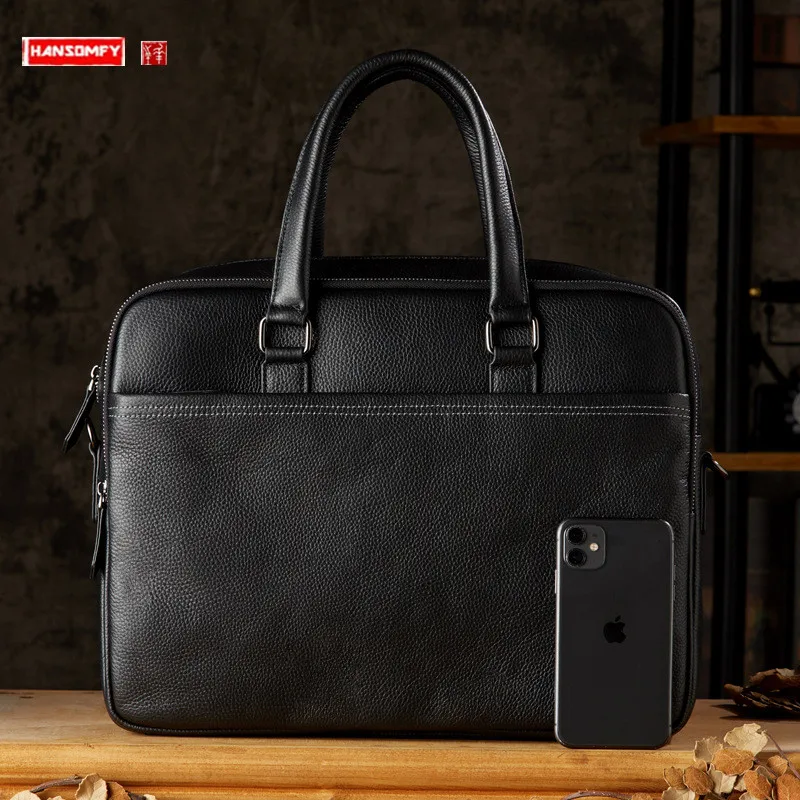 

Men's Real-Leather Bag Casual Simple Large Capacity Handbag Business Briefcase Luxury Fashion Cowhide Men's 14 Inch Laptop Bags