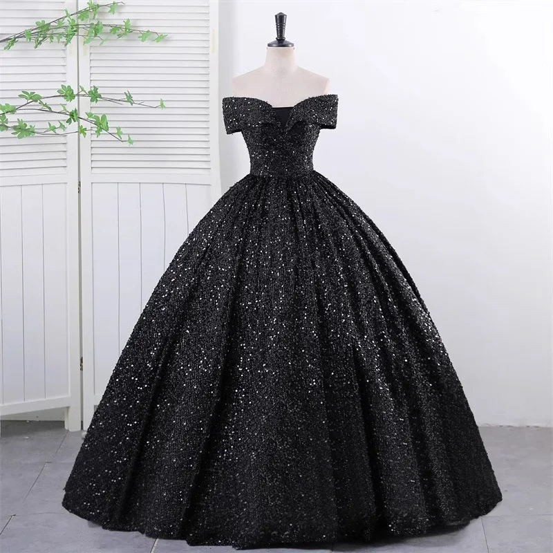 One-word Shoulder Evening Dress Women's Sequins Art Test Performance Clothes Vocal Beauty Annual Meeting Solo Stage Host