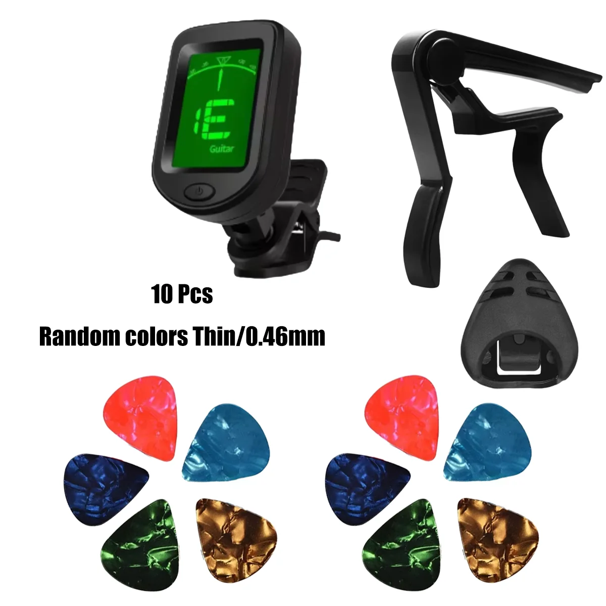 Miwayer Universal Guitar Starter Kit, Tuner + Transpose Capo 10 Random Picks with Plectrum Holder