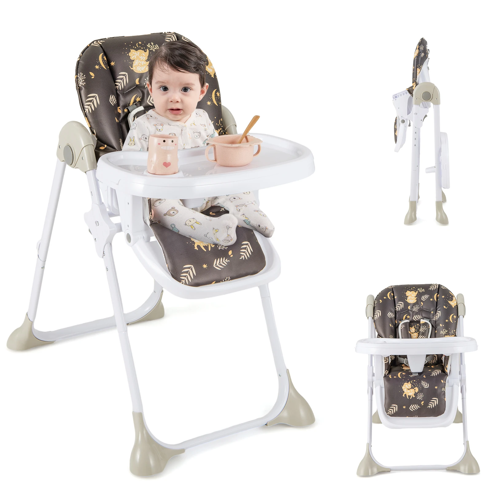 GOFLAME Folding Baby Highchair Height Adjustable Feeding Chair W/ Recline Footrest &Tray