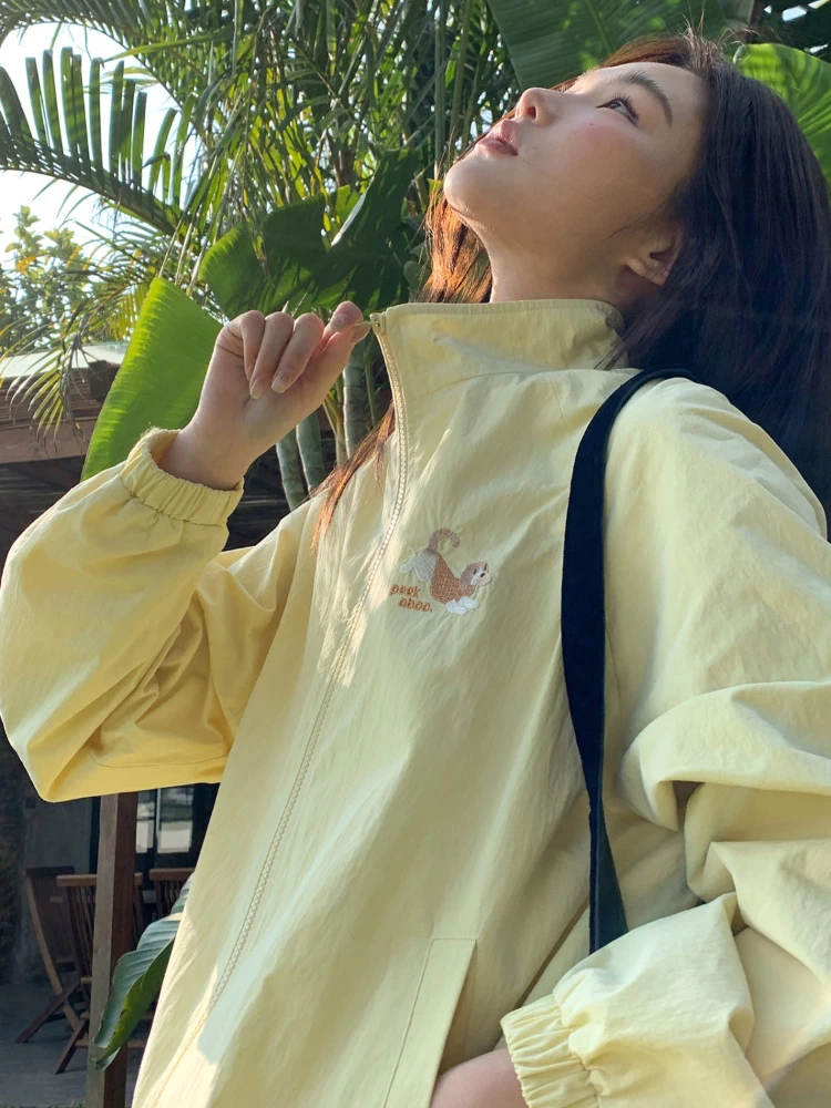 ผู้หญิงสบายๆแจ็คเก็ตเบสบอลฤดูใบไม้ผลิฤดูร้อนบางหลวม Fit ปักลูกสุนัข STAND COLLAR Zip Up TOP Coat Chic Outerwear