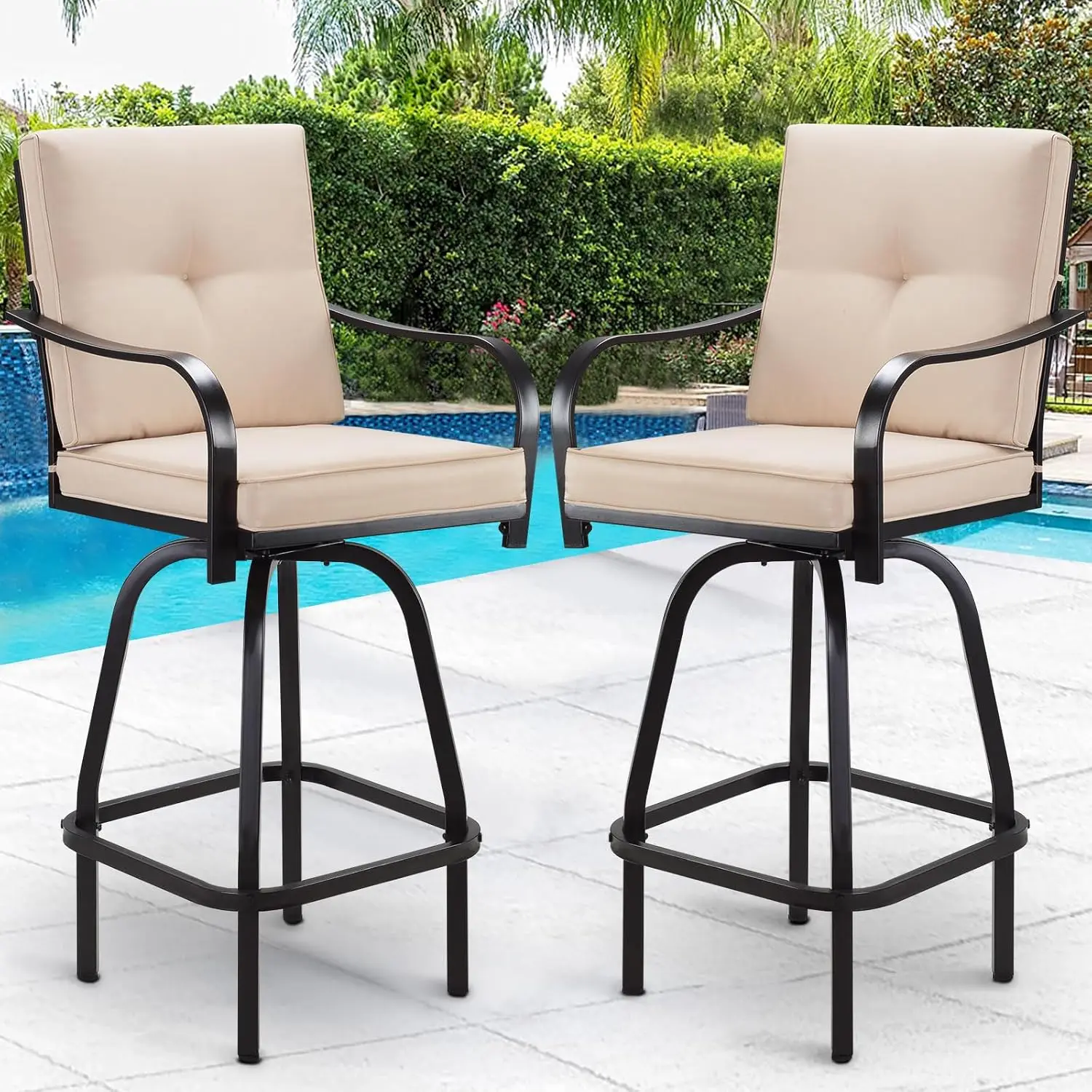 

Patio Swivel Bar Stools Set Of 2, Outdoor Bar Height Patio Swivel Chairs With Cushion For Garden Balcony Backyard (Beige)