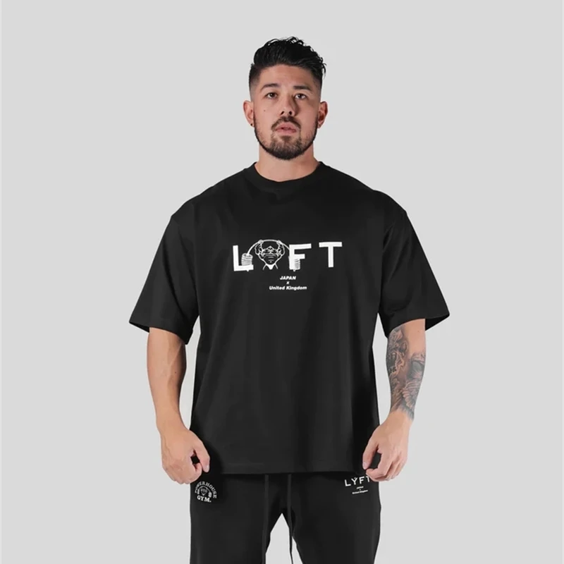2026 Summer Men's Gym T-Shirt, Barbell Muscle Graphic, Oversized Heavy Cotton Streetwear For Bodybuilding Powerlifting