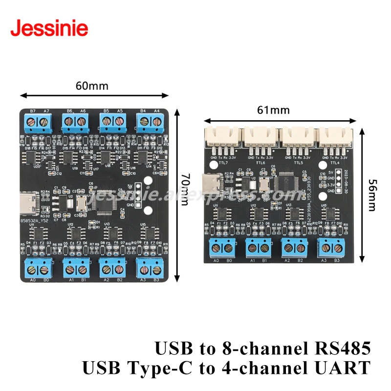 1PC USB to 8 Channel RS485 Serial Port Type-C to Multi-channel Uart Hub Module USB to 4 Channel UART TTL+4 Way RS485 CH348