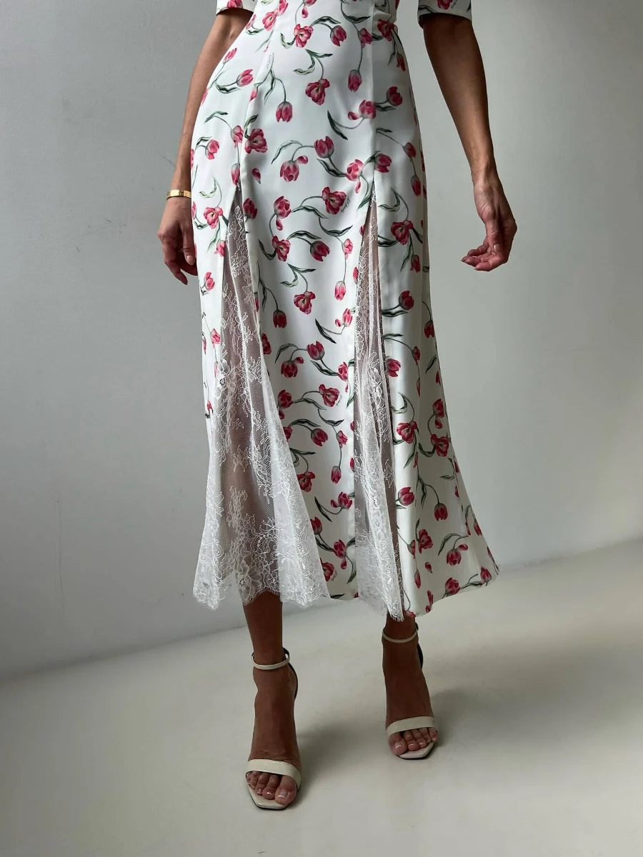 TWOTWINSTYLE 여성용 프렌치 꽃 프린트 드레스 옷깃 퍼프 슬리브 스플 라이스 컷 아웃 기질 하이 웨이스트 레이스 드레스 여성