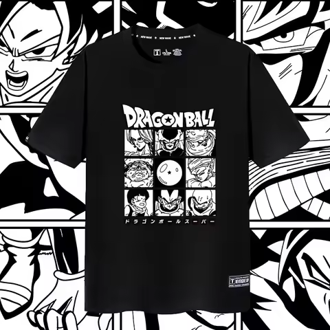 2026 Summer Dragon Ball Oversized T-shirt High Quality 100% Cotton Manga Grid Character Print Unisex Casual for Adults Kids