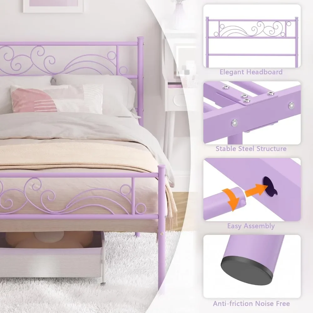 Cama princesa com cabeceira, plataforma metálica, armazenamento debaixo da cama para crianças, sem necessidade de mola de caixa, gêmeo, apoio, meninas