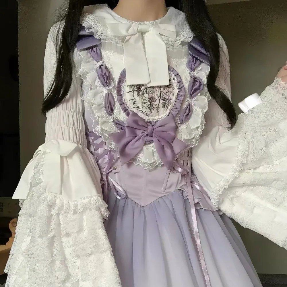 Cute Lace Lolita Princess Sleeve Shirt Vintage Bow Lolita Inner Wear Court Style Long-Sleeved Ruffles Blouse Lolita Top
