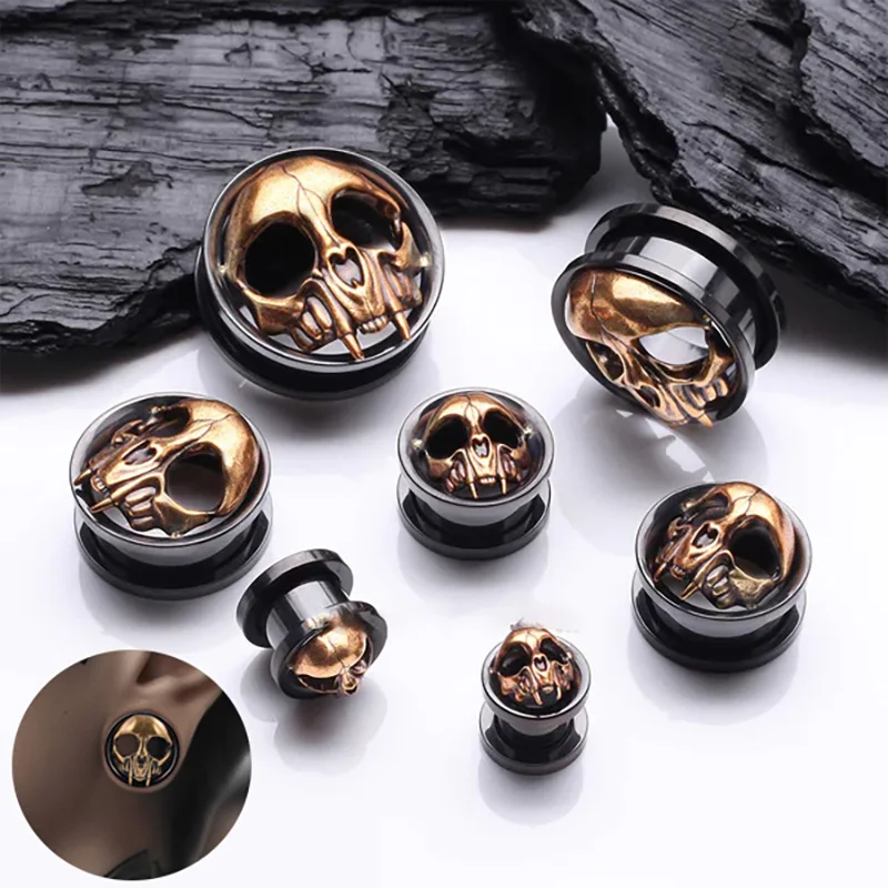 1Pair Skull Stainless Steel Ear Plugs Single Flare Tunnel Ear Gauges Expander Stretchers Ear Lobe Piercing Jewelry for Women Men