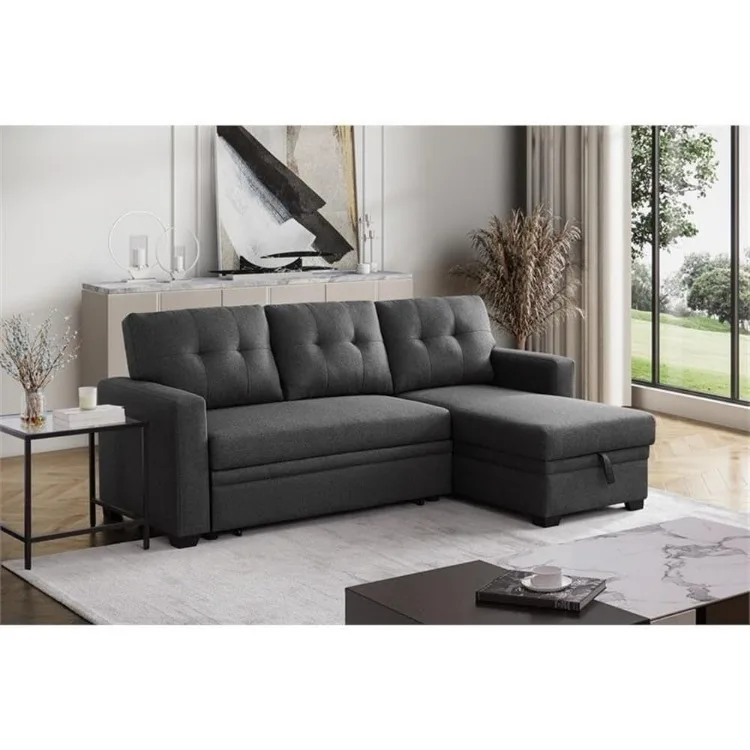 L-Shaped Polyester Fabric Reversible, Easy Convertible Pull-Out Sleeper Sectional Sofa/Storage Chaise