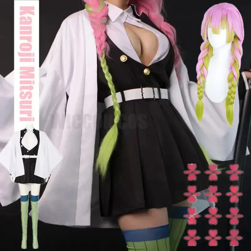 Anime Demon Moordenaar Kimetsu No Yaiba Kimono Kanroji Mitsuri Cosplay Kostuum Kisatsutai Sexy Kleding Vrouwen Halloween Kostuum Pruik