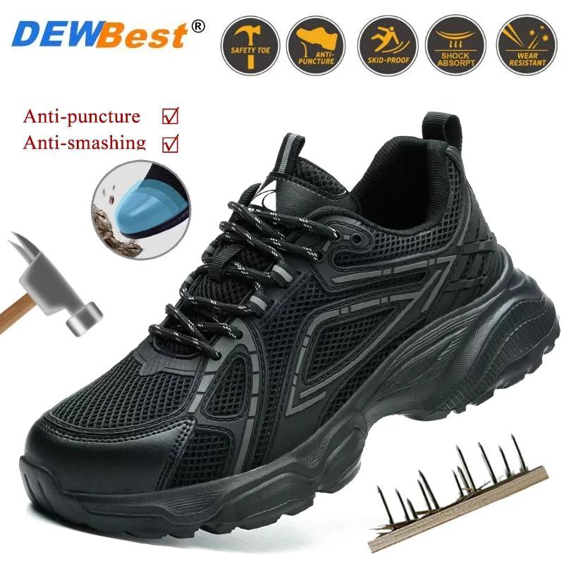 Zapatos de Trabajo Ligeros para Hombre con Puntera de Acero para Resistencia a Impactos y Perforaciones, Color Negro