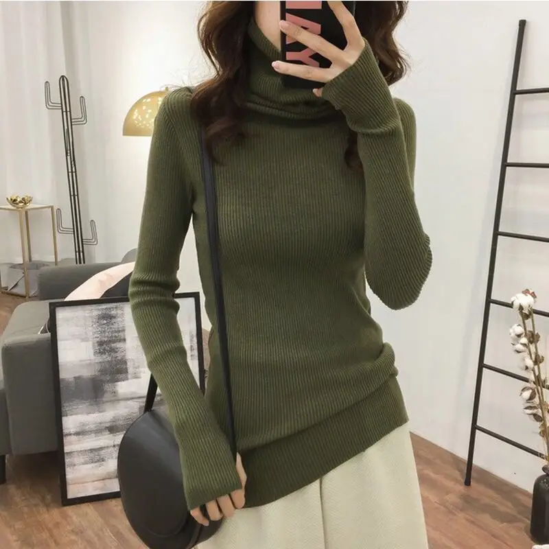 Women\'s Fashion Simplicity Solid Color Turtleneck Long Sleeve Sweater Women Clothes Office Lady Elegant All-match Slim Tops