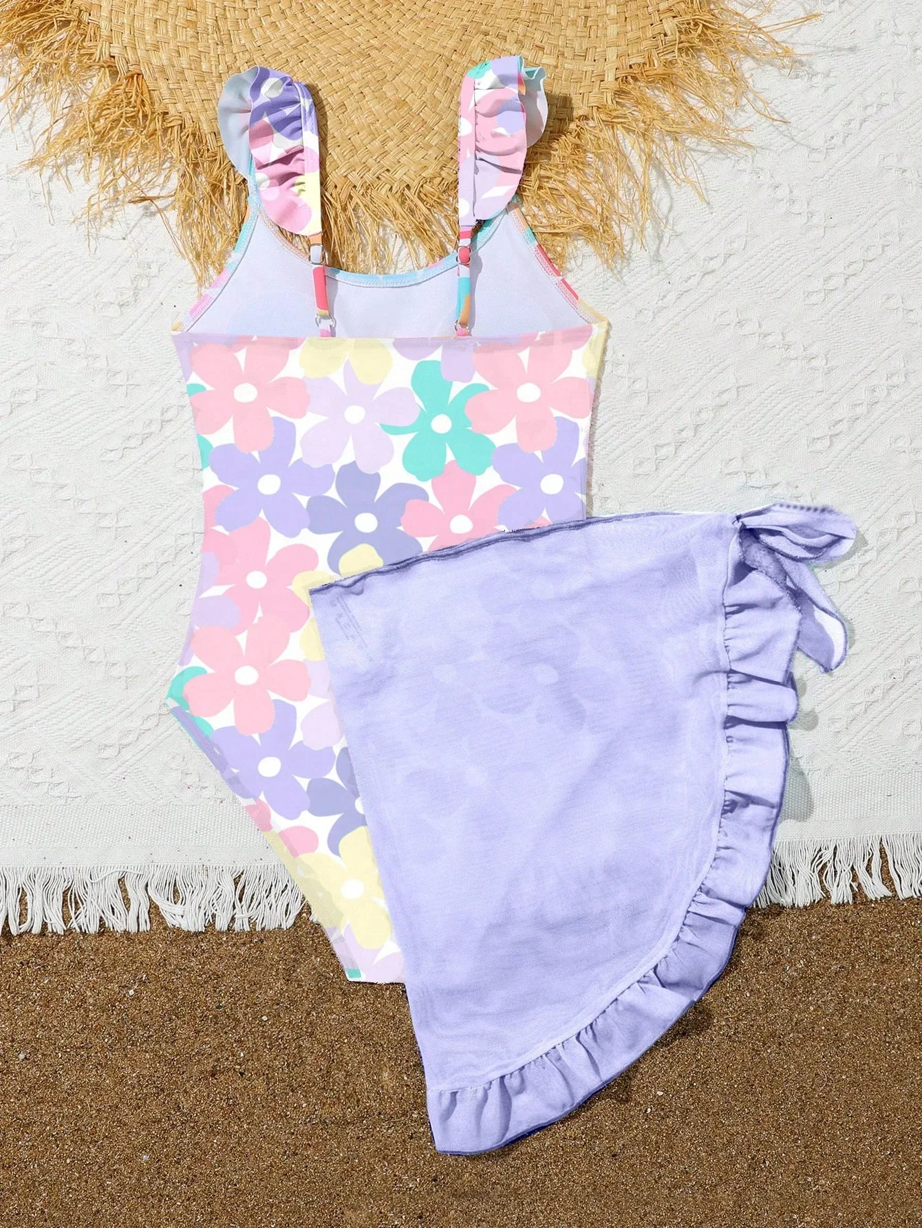 

Pastel Floral One-Piece Swimsuit For Tween Girls With Ruffled Wrap Skirt Summer Beachwear