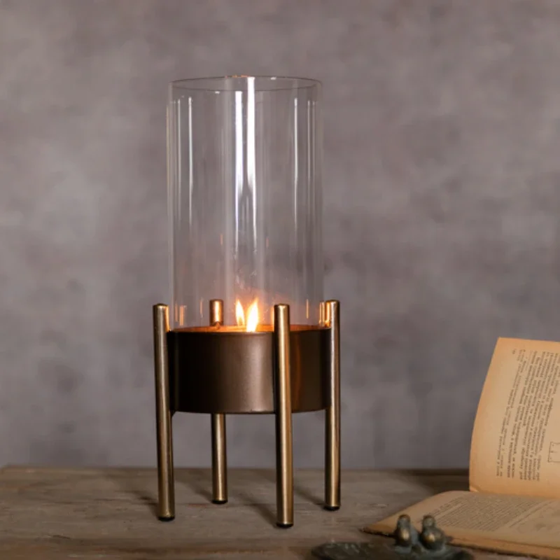 

Nordic Minimalist Glass Cover Romantic Candle Holder Retro Light Luxury Industrial Metal Wind Lamp Homestay Decoration Ornaments