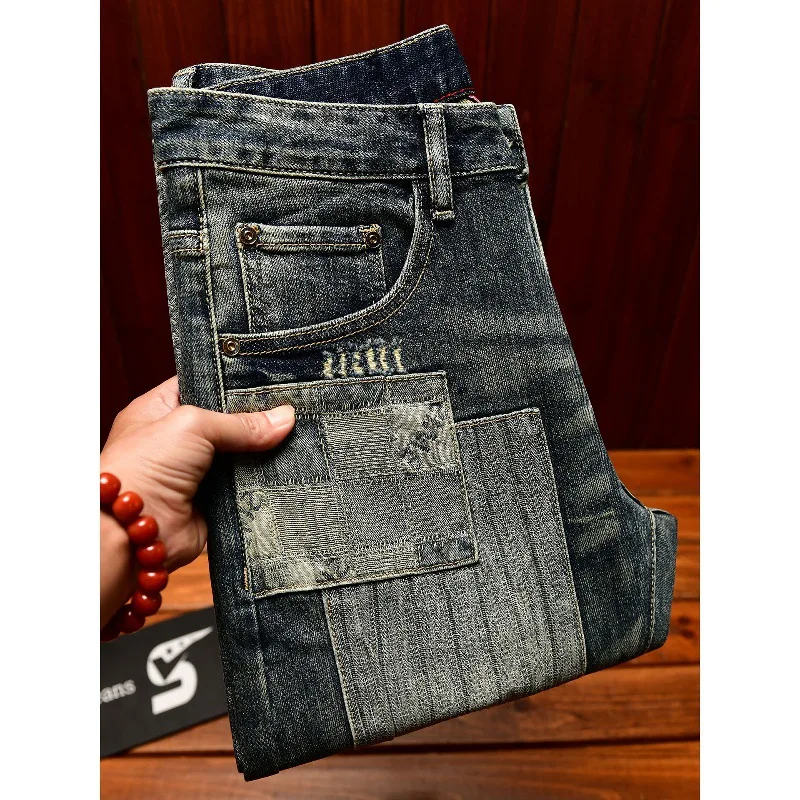 

Мужские джинсы в стиле ретро и ностальгического лоскутного дизайна, модная и модная уличная мужская одежда, облегающие длинные брюки с небольшой ногой