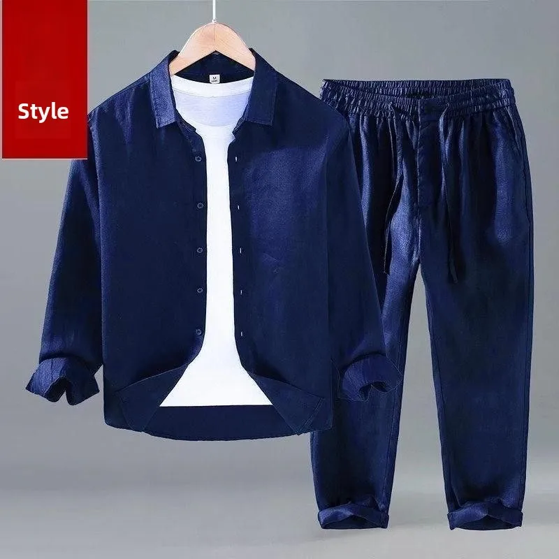 

Spring Autumn Thin Men's Long Sleeve Shirt Pure Cotton Color Linen Casual Loose Commuting Single Piece Upper Body