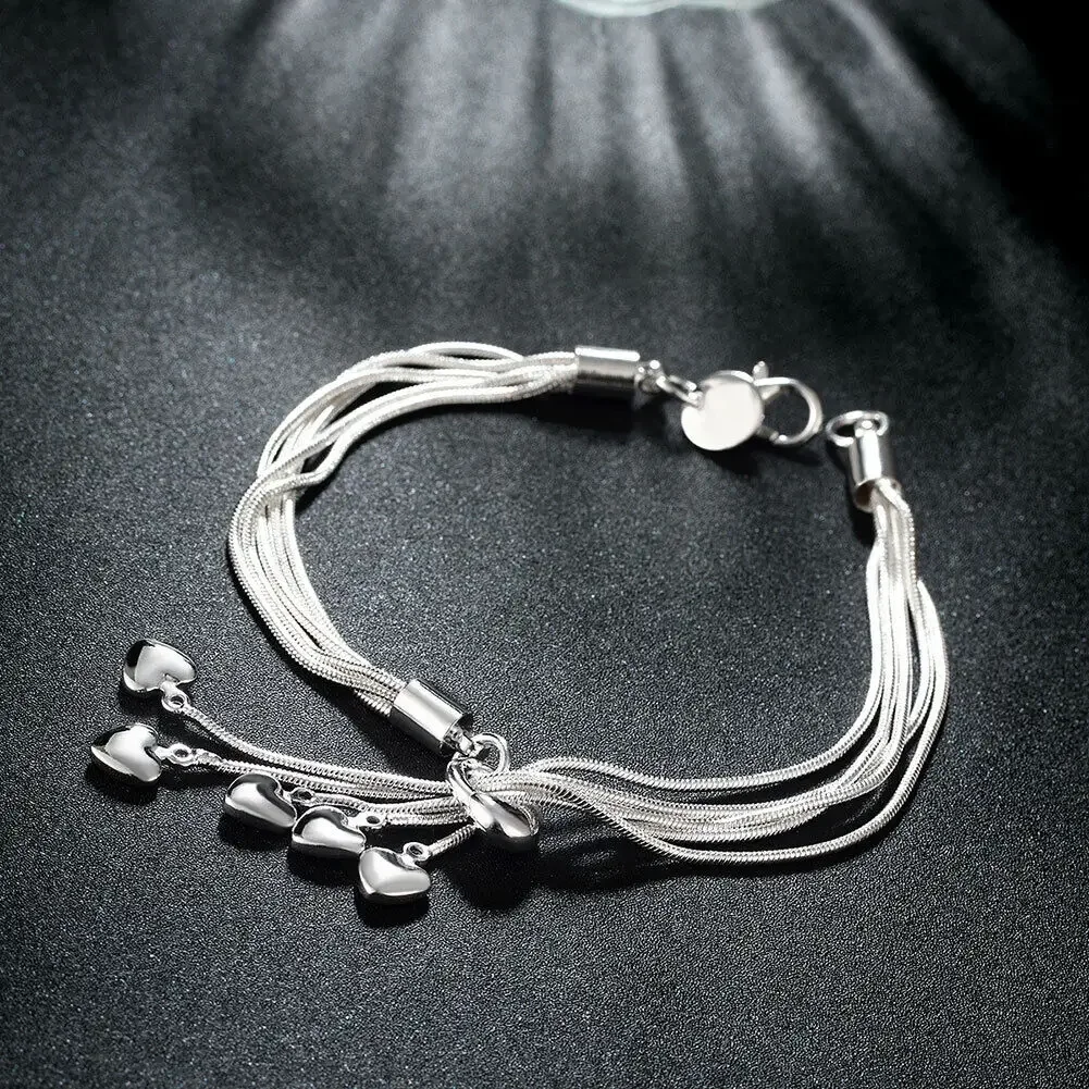 

925 Sterling Silver Heart Shape New Tassel Design 8 Inch 20cm Bracelet Women's Chain