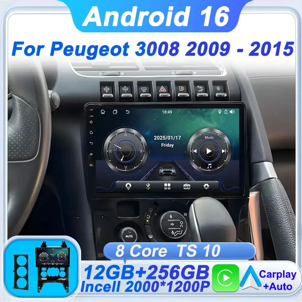 

Автомобильный радиоприемник Android 16 Carplay Android Auto для Peugeot 3008 2009-2015 GPS-навигация DVD-видеоплеер Стерео головное устройство BT