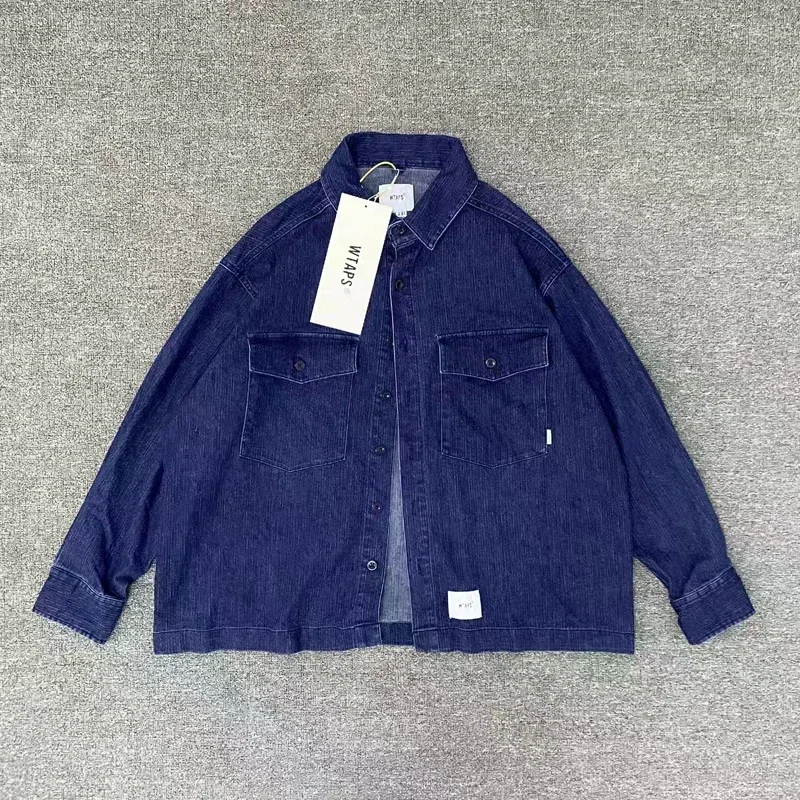 Blue Wtaps Denim Shirt Jackets Pocket Men Women 1:1 High Quality Washed Shirts Jeans Coats Japanese