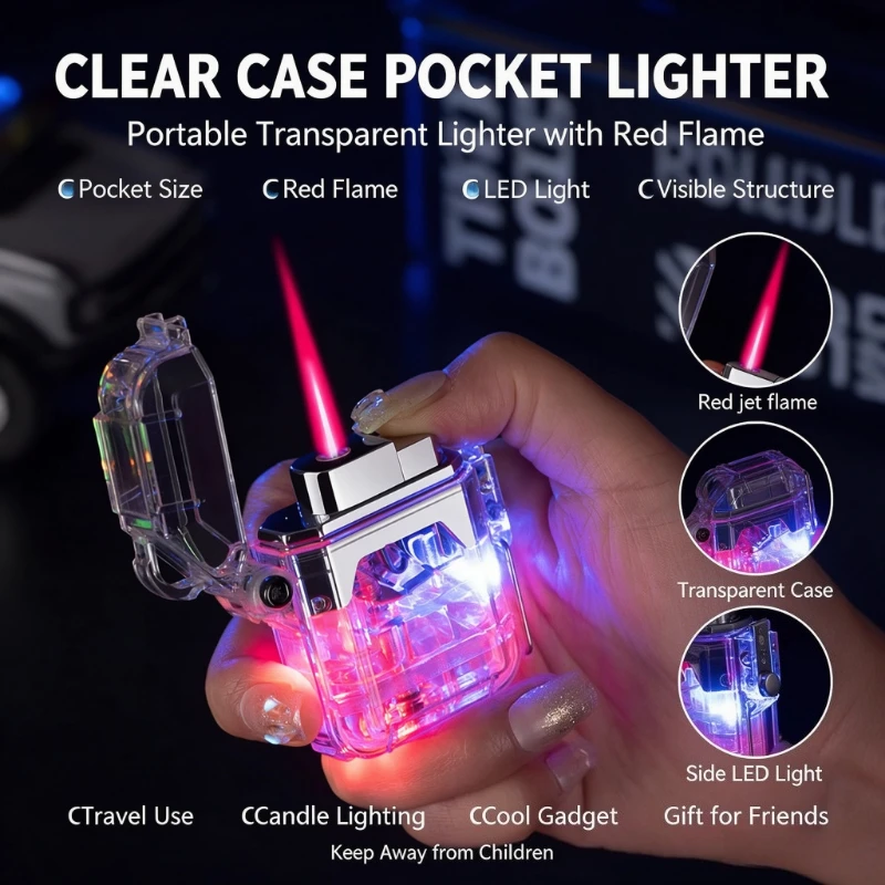 Creative Transparent Shell Lighter with Colorful LED Light, Windproof and Waterproof Design, Built-in Cool Flashlight Function
