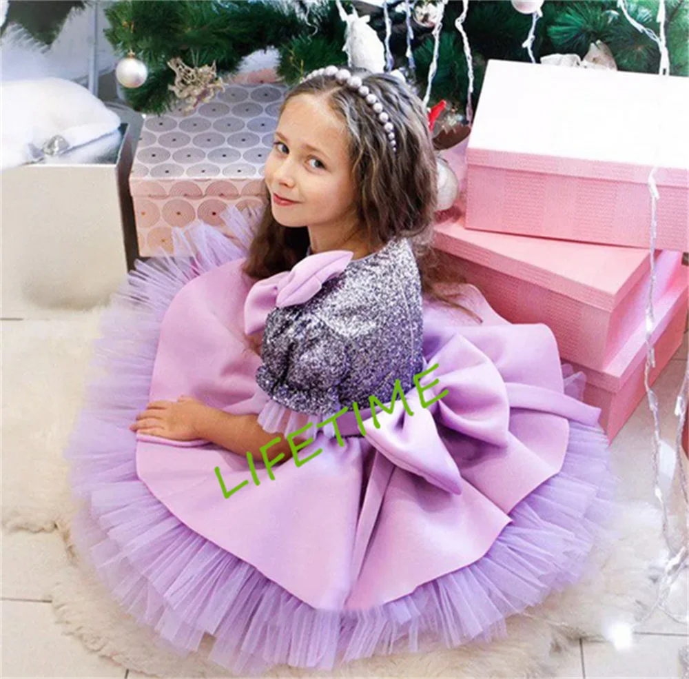 Robe bouffante en tulle de satin violet pour bébé fille, robe de princesse à manches courtes, gros nœud, fête d'anniversaire, Noël, nouvel an