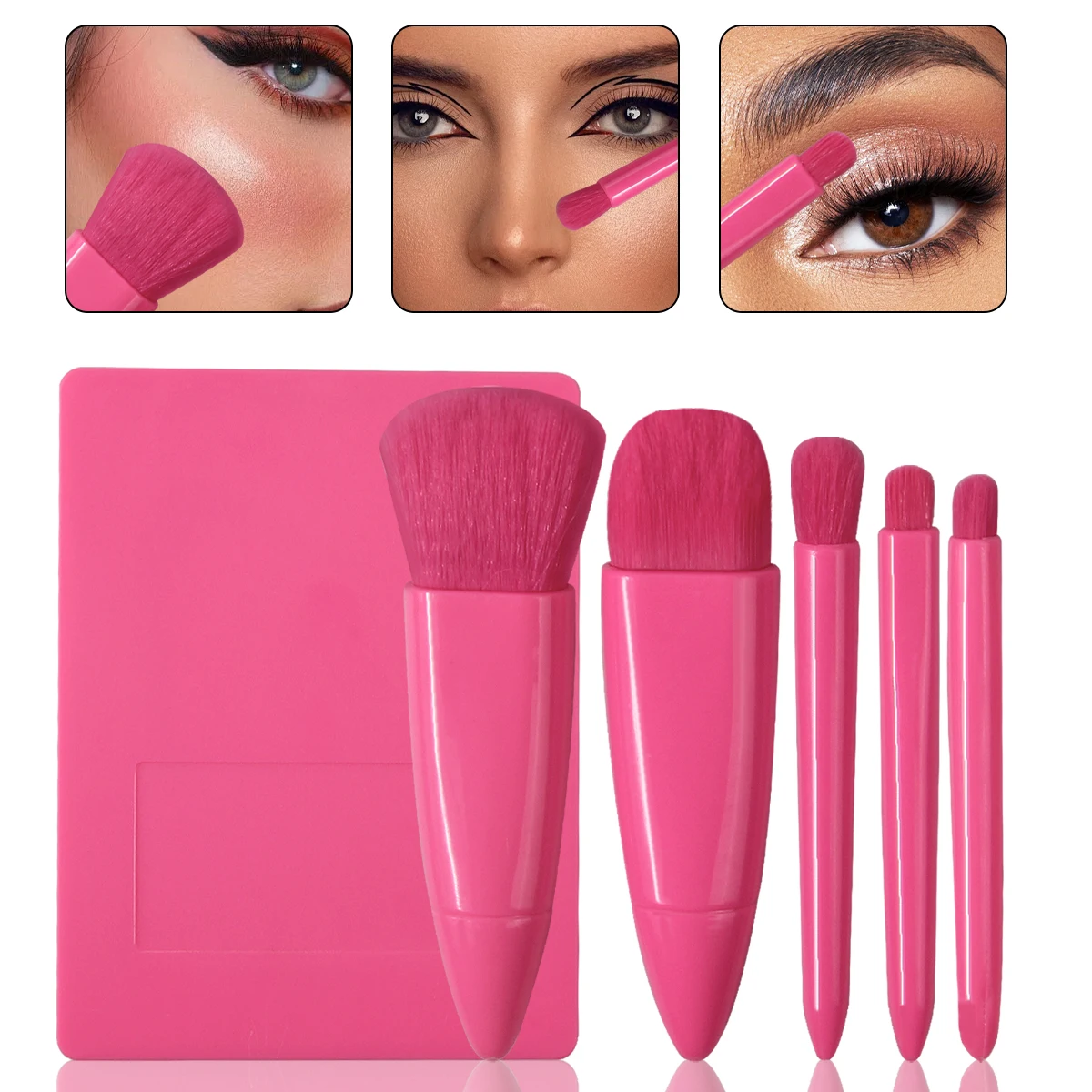 Ensemble de pinceaux de maquillage de taille de voyage, 5 pièces, Mini pinceaux de maquillage, petit Kit de pinceaux cosmétiques à fonction complète avec étui et miroir