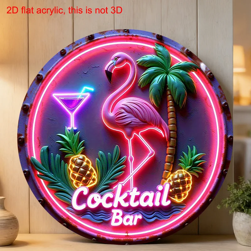 2D Flat-1pc Neon Flamingo Cocktail Bar Metal Wall Art,with Glowing Flamingo & Palm, Bar Decor for Tiki Bar, Beach House, Gift