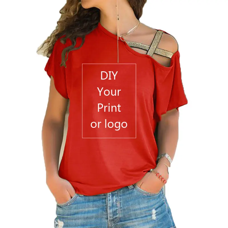 New DIY Your like Photo or Logo Customized Print T Shirt for Women Tee T-shirt Femme Irregular Skew Cross Bandage Size S-5XL Top