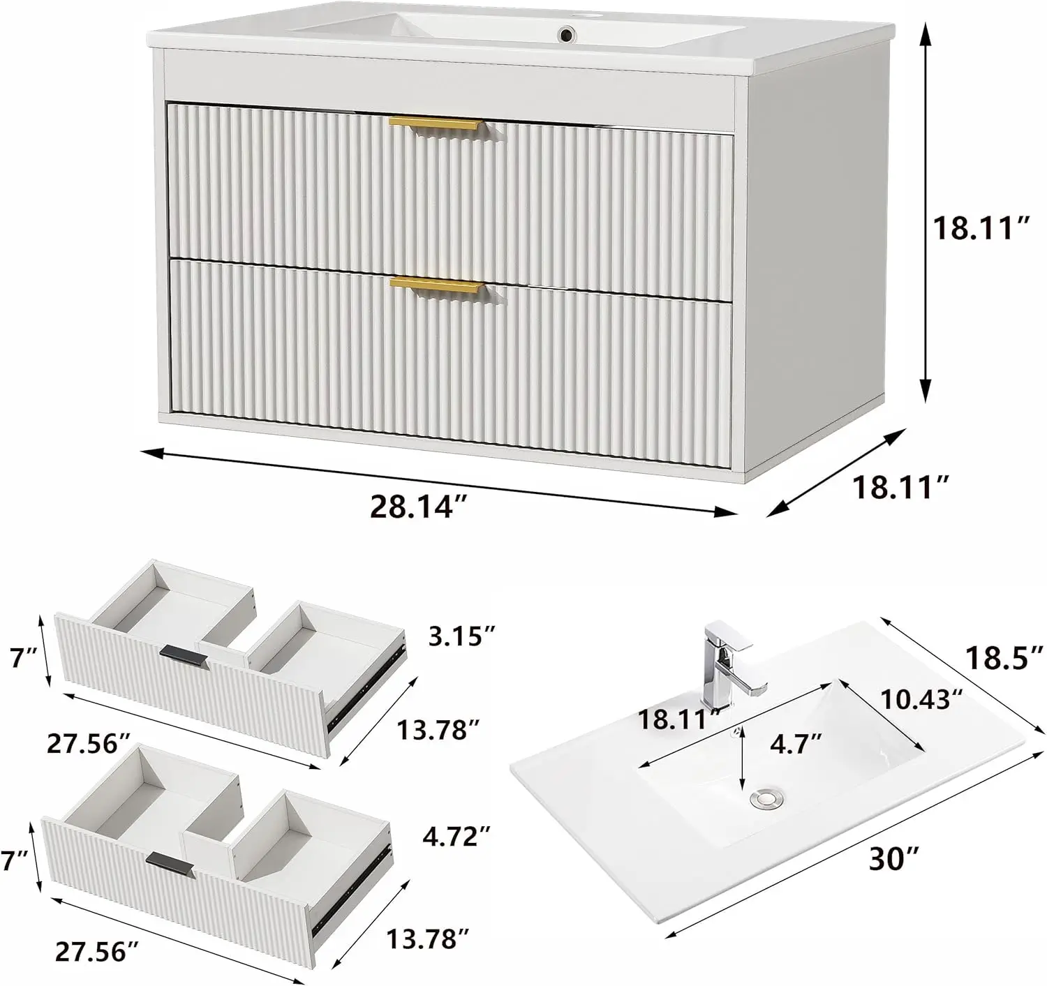 30'' Floating Bathroom Vanities with Sink, Wall Mounted Bathroom Floating Vanity with Ceramic Sink,2 Drawers, Soft-Close Doors