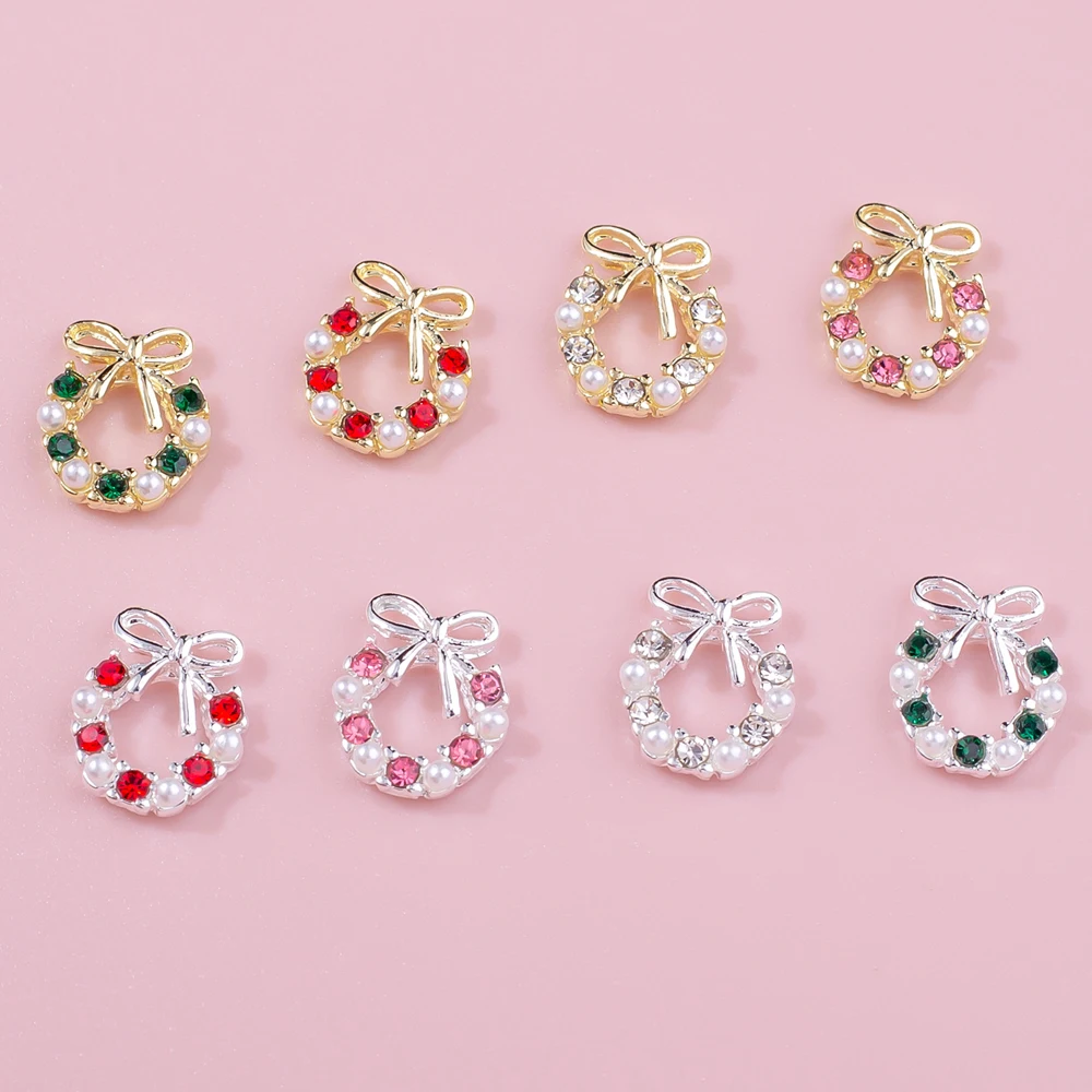 10Pcs Garland Bowknot Pearl Zircon Nail Art Charms 3D Colour Rhinestone Christmas Wreath Design Nail Jewelry DIY Nail Decoration